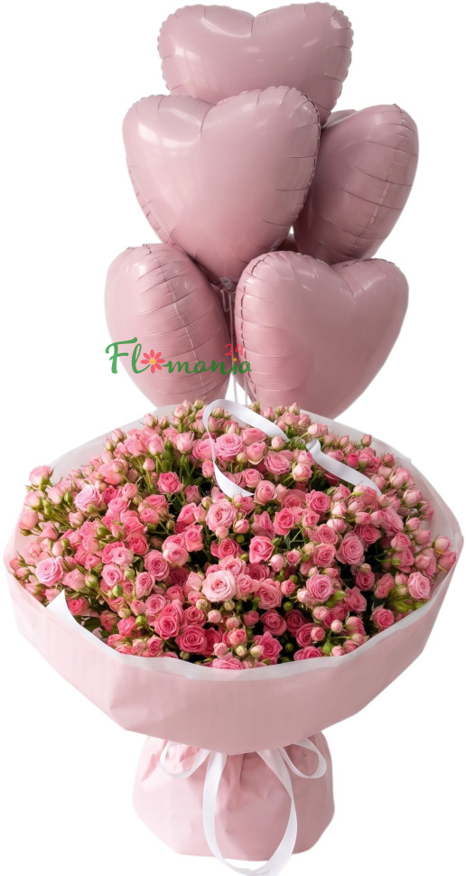 Букет из 51 кустовой розы с шариками «Пульс любви»